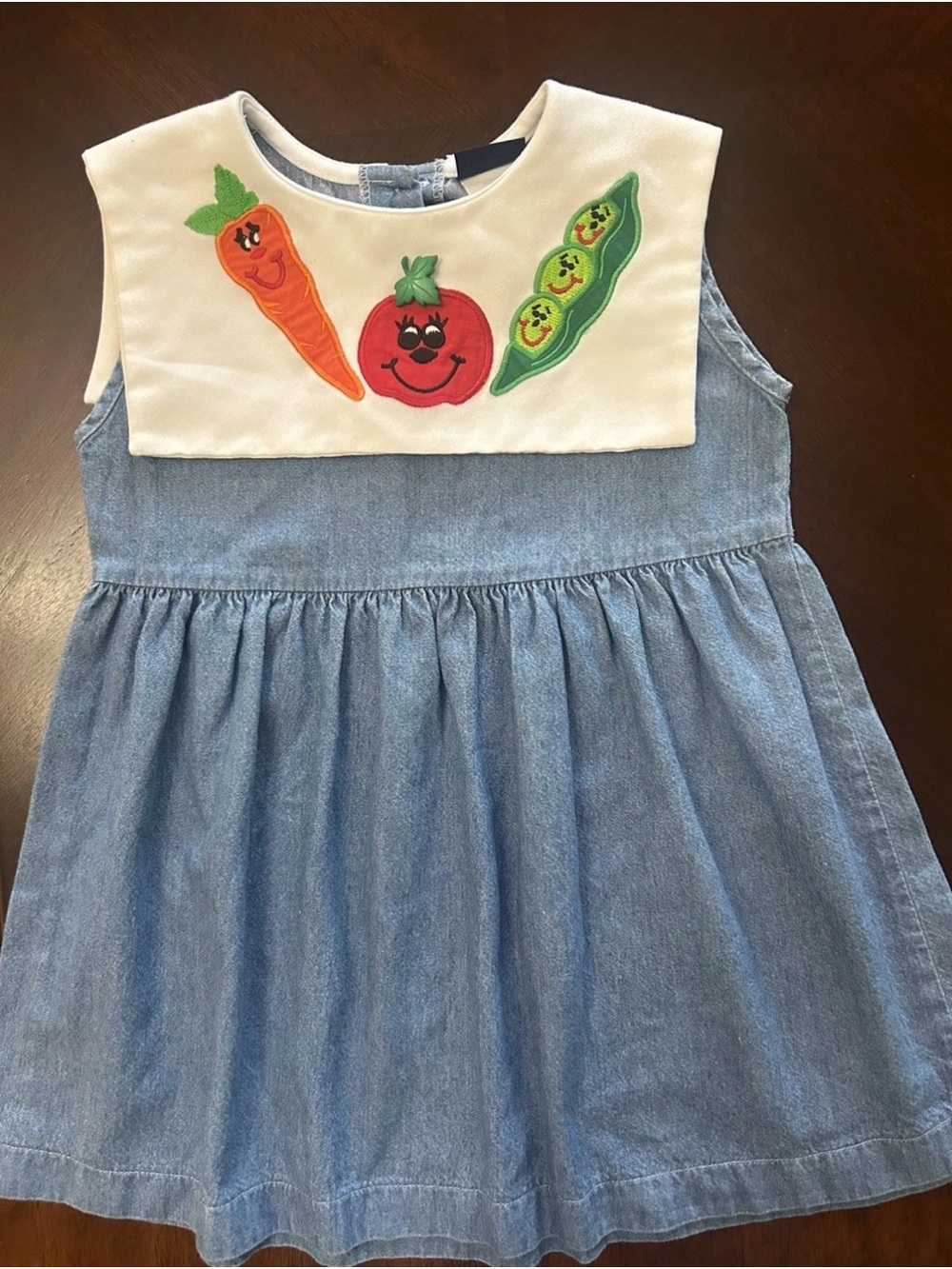 Vintage 90s KidsCloz Denim Jumper Dress Toddler Girls 6 Vegetables